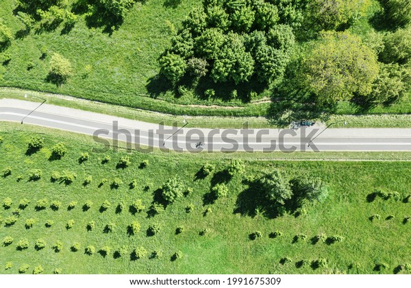 bike lane in the countryside with trees and\
street lights on a clear summer\
day