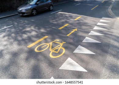 Bike Lane Road Markings On A Road Pavement In Lausanne, Switzerland.