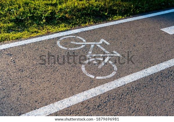 bike lane sign on the\
asphalt. Bike path