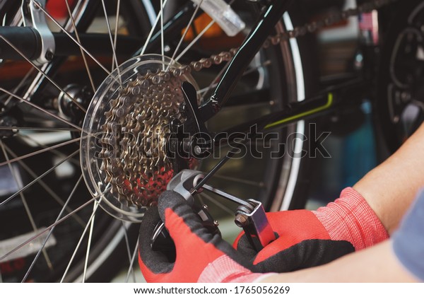 Bike mechanic\
repairs folding bicycle in Workshop. adjust Rear Derailleur\
,Maintenance and repair\
concept