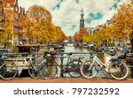 Bike over canal Amsterdam city. Picturesque town landscape in Netherlands with view on river Amstel.