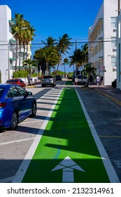 Bike Path In The Streets Of Miami Beach - MIAMI, USA - FEBRUARY 14, 2022