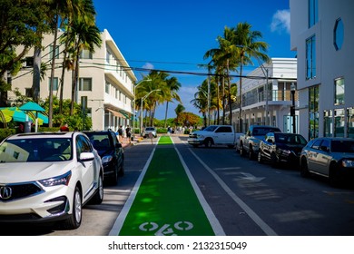 Bike Path In The Streets Of Miami Beach - MIAMI, USA - FEBRUARY 14, 2022