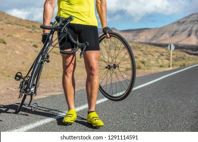 Bike Repair Cyclist Man On Side Of Road Repair Road Bicycle Problem With Wheel. Cycling Outdoor Athlete Biker Biking With Cycle.