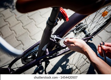 Bike Repair Man Tightens Screw Saddle Stock Photo Edit Now