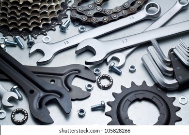 Bike repairing. Spare parts and tools. - Powered by Shutterstock