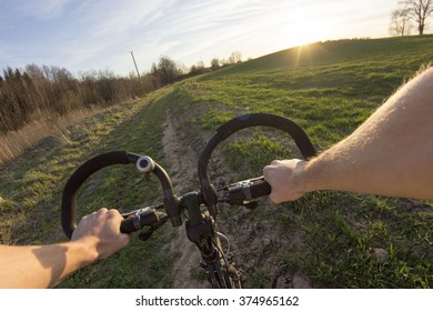 Bike Riding In First Person Perspective In Moving Activity.