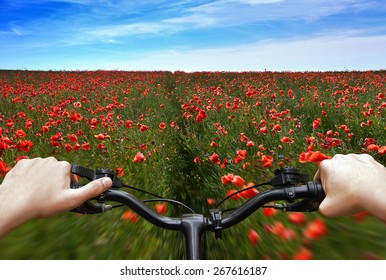 Bike Riding On A Dirt Road. The View From The Driver's Side. First Person View.