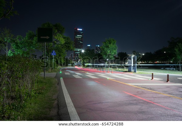 bike road at night\
in the center of Seoul