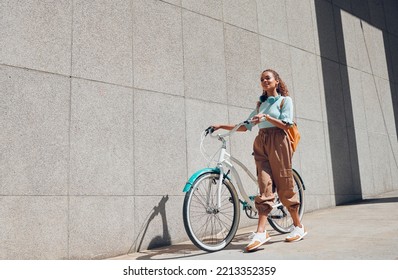 Bike, Urban And City Woman On A Bicycle Ride Walking To Cut Carbon Footprint For Sustainability. Person Relax After Riding On A Summer Day Feeling Calm And Relax With Eco Friendly Transportation