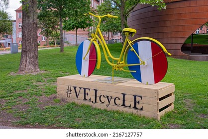 Bike With The Wheels In The Frech Clors, Red, White And Blue Marking Tour The France In Vejle, Denmark, June 13, 2022