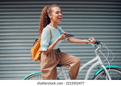 Bike, Woman And With Phone In City With Bicycle Talk While Outdoor In Summer With Fresh, Edgy And Trendy Look. Eco Friendly Transportation, Smile And Happy Girl Have Conversation, Relax And In Street