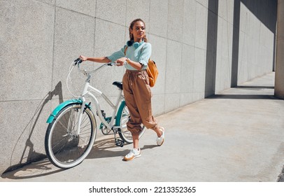 Bike, Young City Woman And Use Bicycle On A Summer Day Outdoor With Trendy Fashion, Edgy Or Casual Look. Girl Relax, Riding And Lower Carbon Footprint For Sustainability Or Eco Friendly Transport