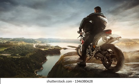 Biker in action or movement on mountain highway, riding around a road. The motion toned with a retro vintage instagram filter and blue sky - Shutterstock ID 1346380628
