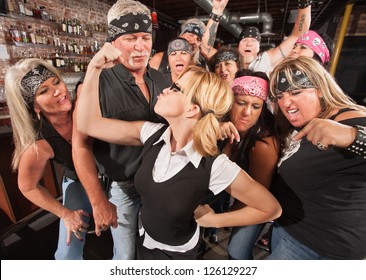 Biker Gang Cheering On Skinny Female Nerd Flexing Muscles