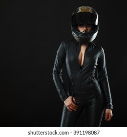 Biker Girl Posing In Studio