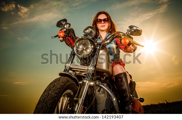 Biker Girl Sunglasses Sitting On Motorcycle Stock Photo 142193407 ...