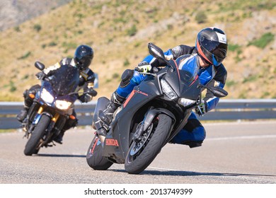biker riding on his motorbike. Photograph captured on July 4, 2021 in the port of Navalmoral, province of Avila, Spain