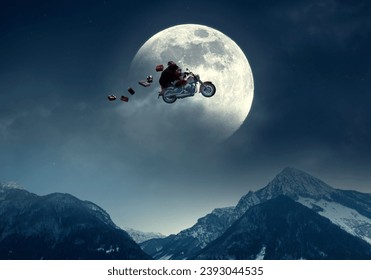 Biker Santa Claus riding a motorcycle and flying in the sky on Christmas Eve, he is delivering gifts - Powered by Shutterstock