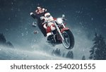 Biker Santa Claus riding in the snowstorm at night and delivering Christmas gifts, unconventional Christmas concept