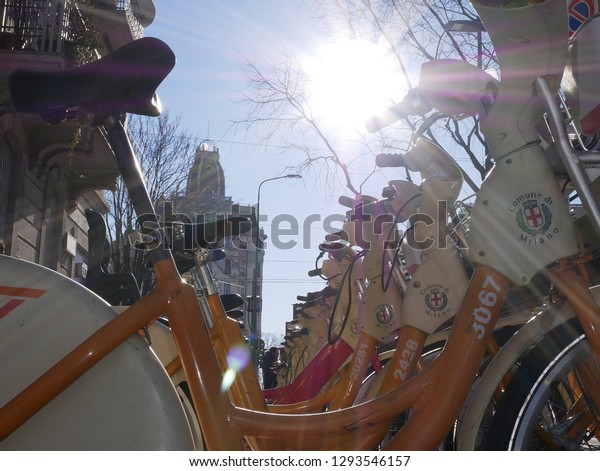 Biker Sharing Service in City Center View in\
Milan,Italy January 2019