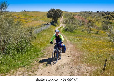 Biker At Via De La Plata Way In Extremadura Spain To Santiago Compostela