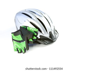 Biking helmet with riding glove, isolated