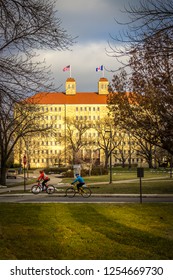 Biking On A Cold Winter Morning On The University Of Kansas Campus In Lawrence, Kansas