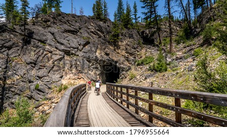 Biking over the Wooden Trestle Bridges of the abandoned Kettle Valley Railway in Myra Canyon near Kelowna, British Columbia, Canada Stock photo © 