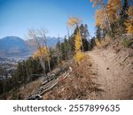 Biking trail at Tenderfoot Mountain in Silverthorne Colorado in autumn with view of Lake Dillon