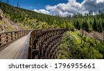 Biking Trails over the Wooden Trestle Bridges of the abandoned Kettle Valley Railway in Myra Canyon near Kelowna, British Columbia, Canada