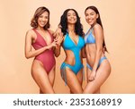 Bikini, beauty and group portrait of women happy for beach vacation together isolated in a studio brown background. Smile, fashion and friends with swimsuit style for holiday with happiness in summer