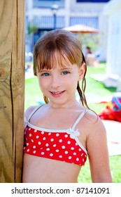 Bikini Kid Girl Water Wet In Pool Garden Holding Sunroof Pole