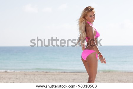 Bikini model with beach background