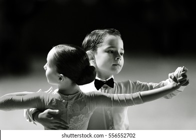 Bila Tserkva, Ukraine. February 22, 2013 International Open Dance Sport Competition Stars Of Ukraine 2013. Couple Young Dancers In Ballroom Isolated. Black And White Photography