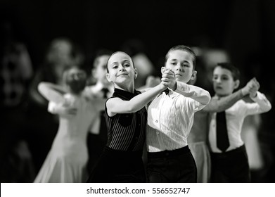 Bila Tserkva, Ukraine. February 22, 2013 International Open Dance Sport Competition Stars Of Ukraine 2013. Dancers In Ballroom . Black And White Photography