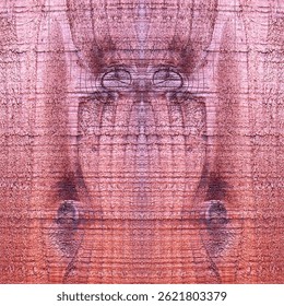 Bilateral symmetry, created with mirror images of wood grain and knots patterns, as observed in a plank of red-painted wood in an old wood fence