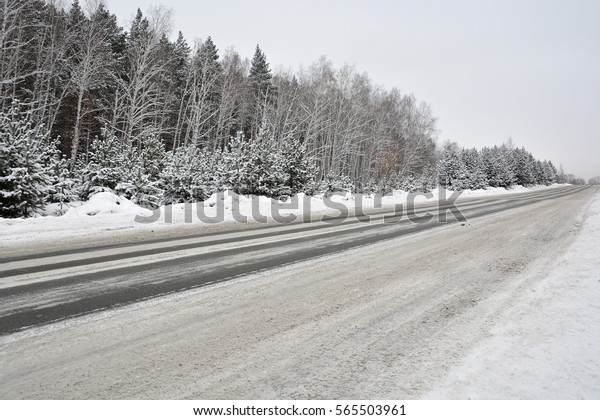 Bilateral winter snowy road in the birch and pine\
forest in Russia.