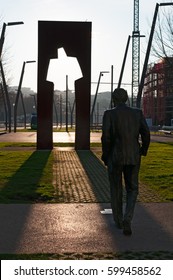 Bilbao, Basque Country, 25/01/2017: The Sculpture Of Ramon Rubial Cavia (1906-1999), President Of Spanish Socialist Workers Party (Psoe) Under La Salve Bridge, The Red Arch Bridge Built In The 1970s