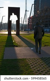 Bilbao, Basque Country, 25/01/2017: The Sculpture Of Ramon Rubial Cavia (1906-1999), President Of Spanish Socialist Workers Party (Psoe) Under La Salve Bridge, The Red Arch Bridge Built In The 1970s