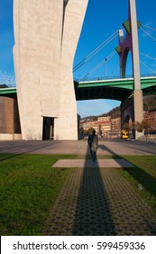 Bilbao, Basque Country, 25/01/2017: The Sculpture Of Ramon Rubial Cavia (1906-1999), President Of Spanish Socialist Workers Party (Psoe) Under La Salve Bridge, The Red Arch Bridge Built In The 1970s