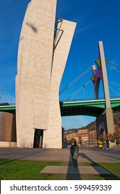 Bilbao, Basque Country, 25/01/2017: The Sculpture Of Ramon Rubial Cavia (1906-1999), President Of Spanish Socialist Workers Party (Psoe) Under La Salve Bridge, The Red Arch Bridge Built In The 1970s