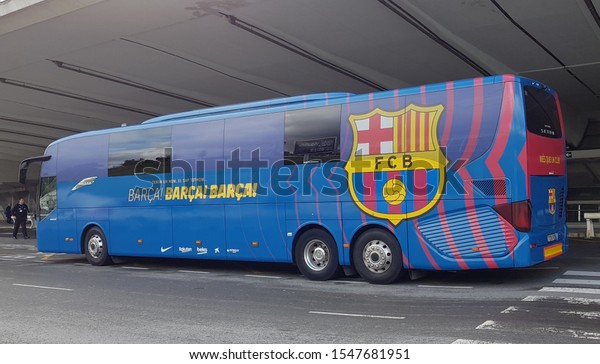 Bilbao, Basque Country, October,\
31, 2019: Barsa bus at the Bilbao airport in the Basque\
Country