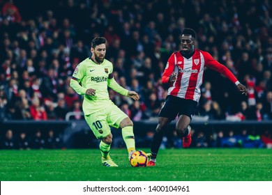 Bilbao, Spain. 10th Feb, 2019. Pais Vasco. San Mames. Liga Santander. Athletic Bilbao V FC Barcelona: Iñaki Williams (#9) Fight For The Ball With Leo Messi (#10)