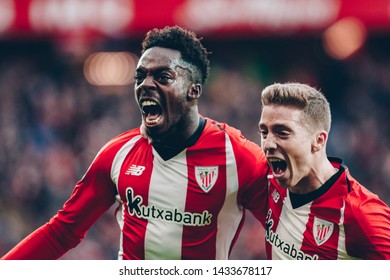 Bilbao, Spain. 13th January, 2019. Pais Vasco. San Mamés. Liga Santander. Athletic Bilbao V Sevilla FC: Iñaki Williams And Iker Muniain Run For Celebrate The Goal