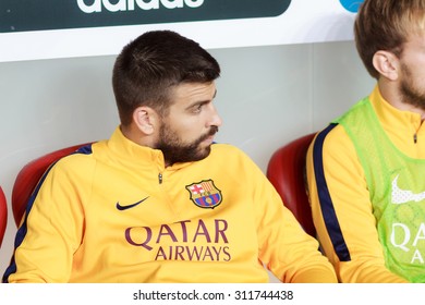 BILBAO, SPAIN - AUGUST 14: Gerard Pique On The Reserve Bench Before The Match Of The Spain Supercup Athletic Club Bilbao Vs Barcelona On August 14, 2015 In Bilbao, Spain