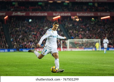 BILBAO, SPAIN - DECEMBER 02, 2017: Cristiano Ronaldo, CR7, Real Madrid Player, In Action During A Spanish League Match Between Athletic Club Bilbao And Real Madrid