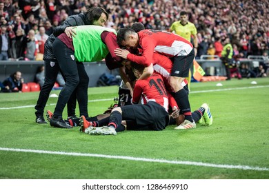 BILBAO, SPAIN - JANUARY 13, 2019: Iñaki Williams, Athletic Players, Celebrate The Goal During A Spanish League Match Between Athletic Club Bilbao And Sevilla FC