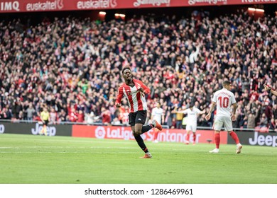 BILBAO, SPAIN - JANUARY 13, 2019: Iñaki Williams, Athletic Player, Celebrates The Goal During A Spanish League Match Between Athletic Club Bilbao And Sevilla FC