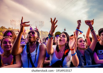 BILBAO, SPAIN - JUL 11: The crowd in a concert at BBK Live 2019 Music Festival on July 11, 2019 in Bilbao, Spain.